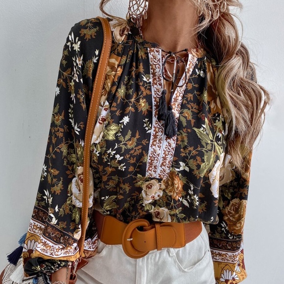floral boho neck tie tassel balloon sleeve top - Picture 7 of 7